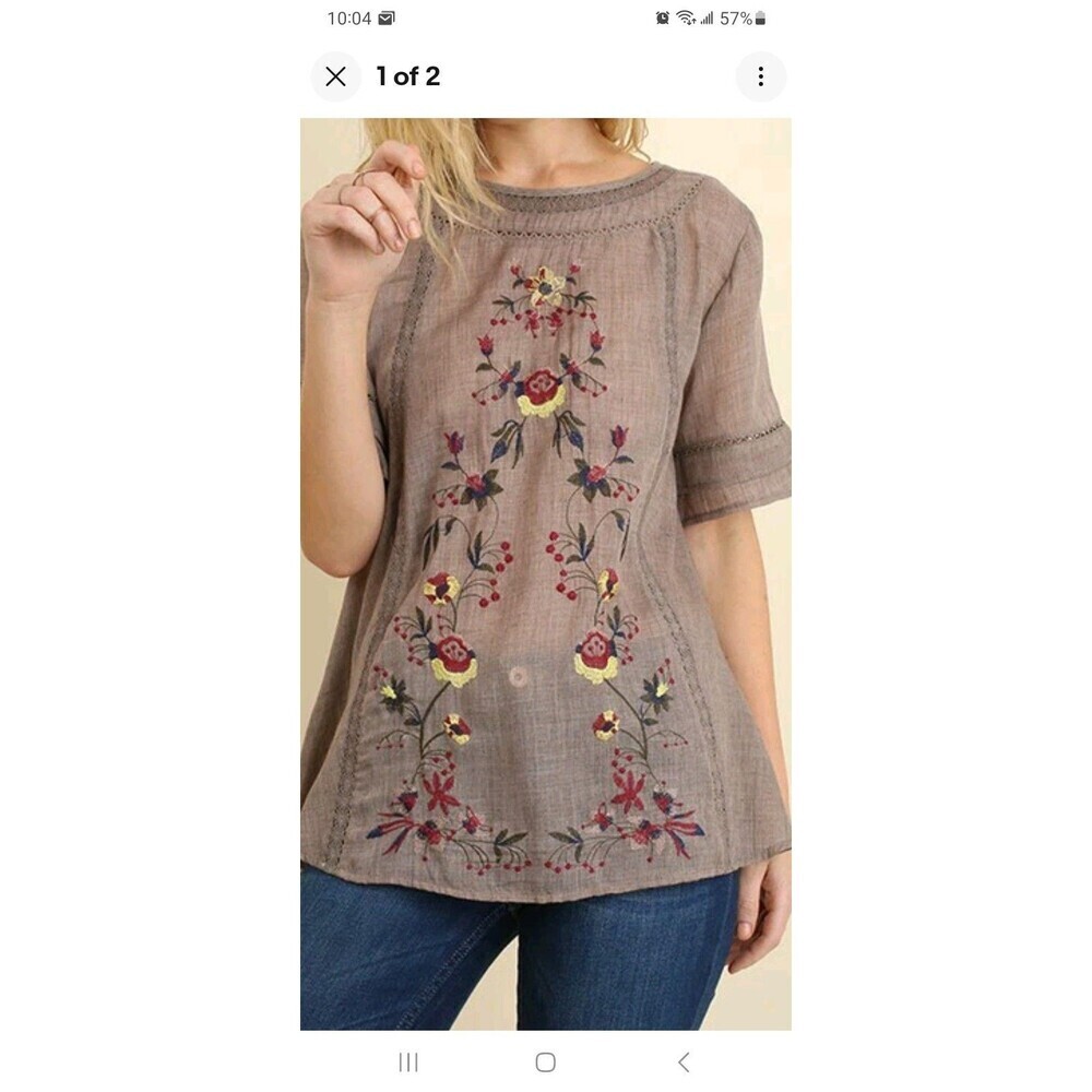 Umgee floral embroidered boho blouse S mocha brown lace trim peasant hippie